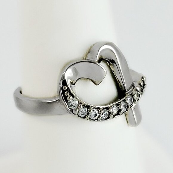 Sparkling Ring - Vintage Stelring Loving Heart Ring - Swooping Heart  CZ Ring - Picture 2 of 5